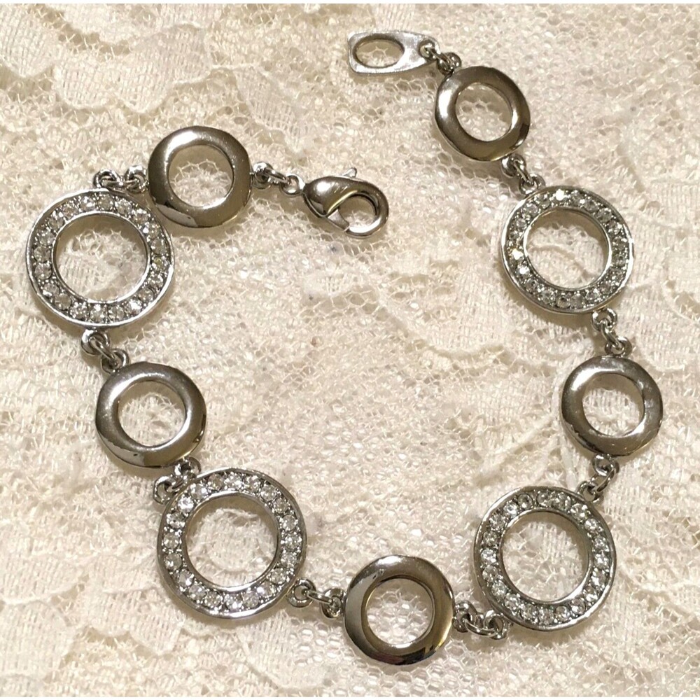 Elegant Sleek Silver Tone Chain Bracelet Rhinestones Round Links 7"